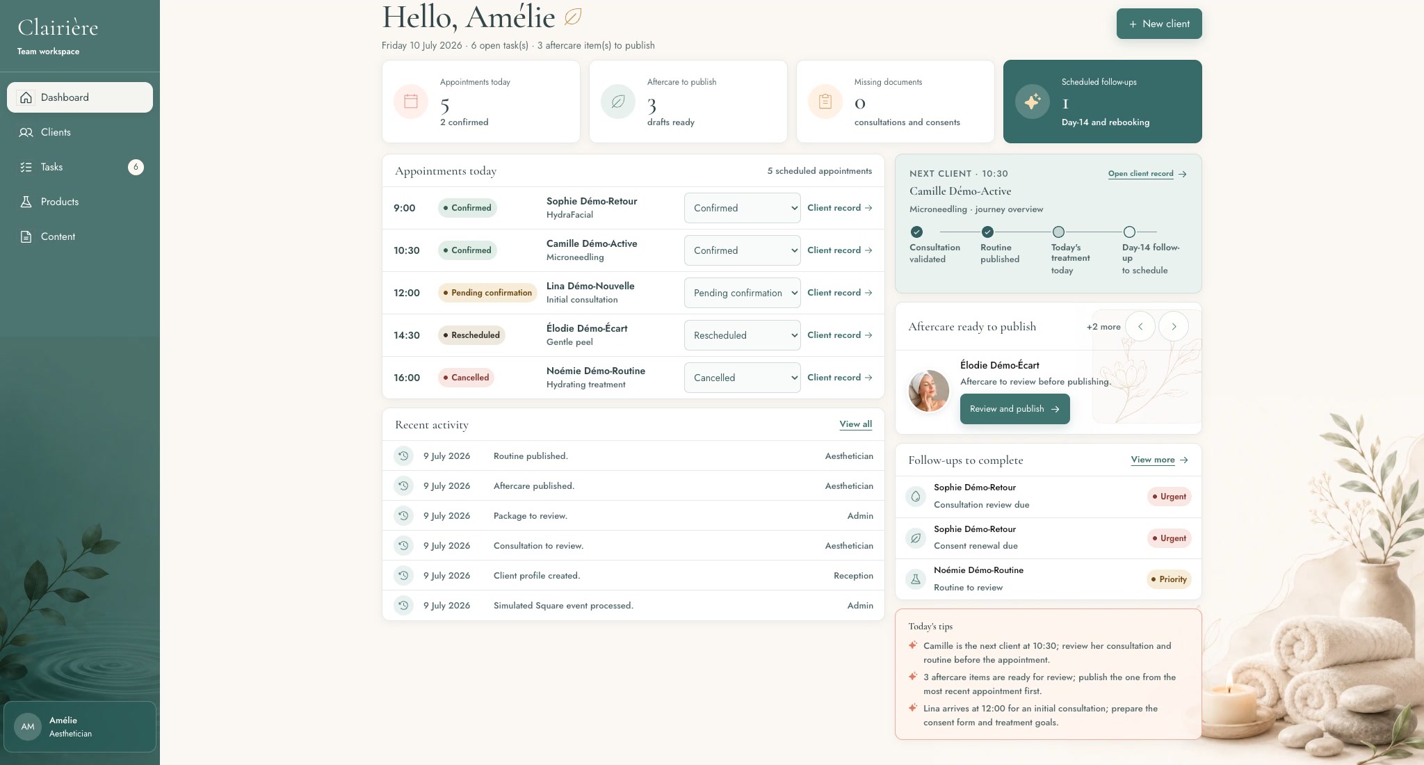 Clairière aesthetician view